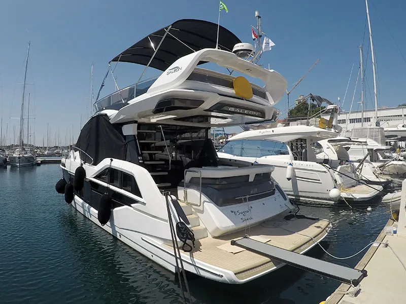 Exterior view of Il Sogno V, a Galeon 480 Fly motor yacht at Grad Šibenik, Croatia