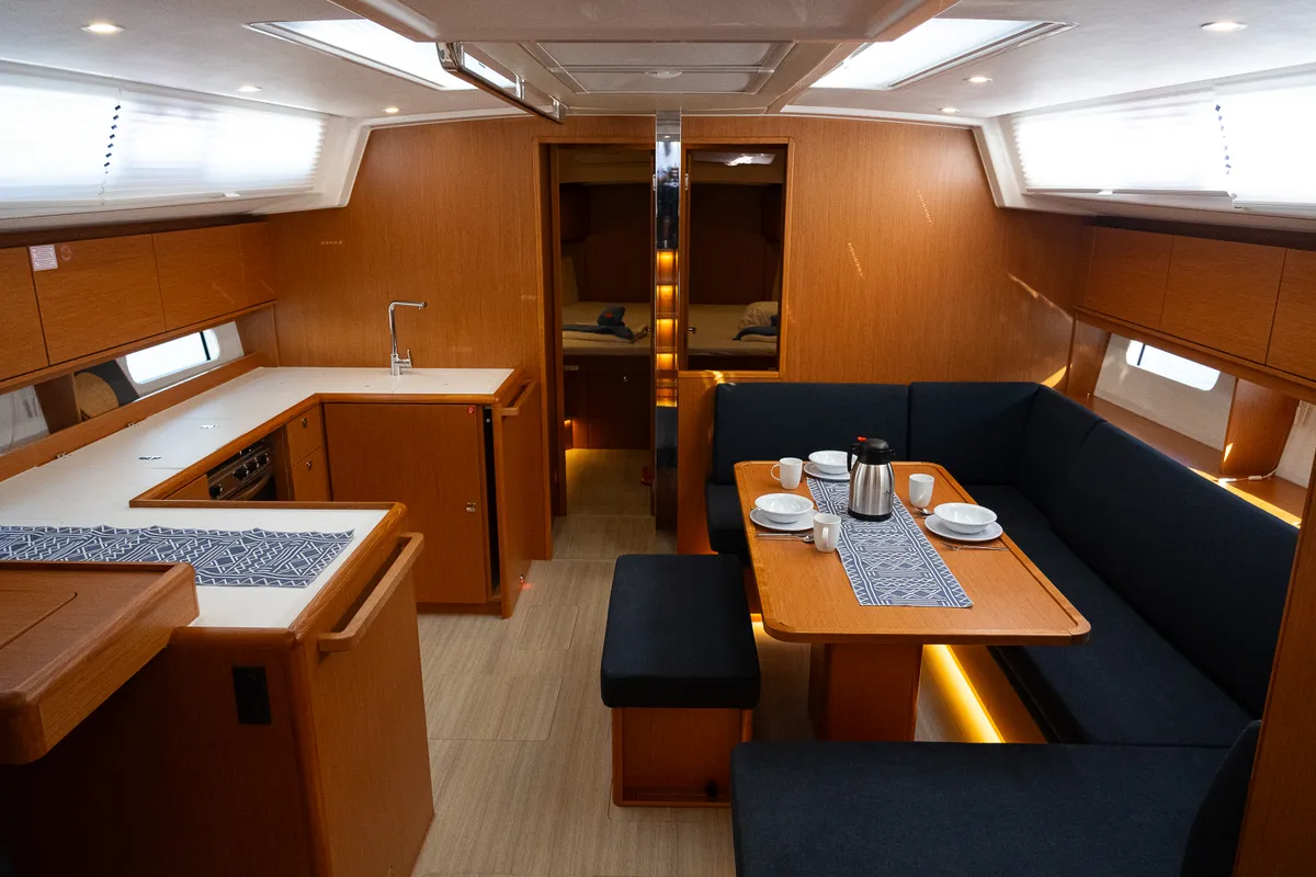 Salon of Arke, a Bavaria C46 sailboat at Fethiye, Turkey