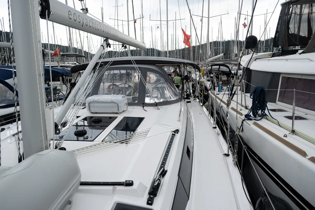 Deck of Arke, a Bavaria C46 sailboat at Fethiye, Turkey