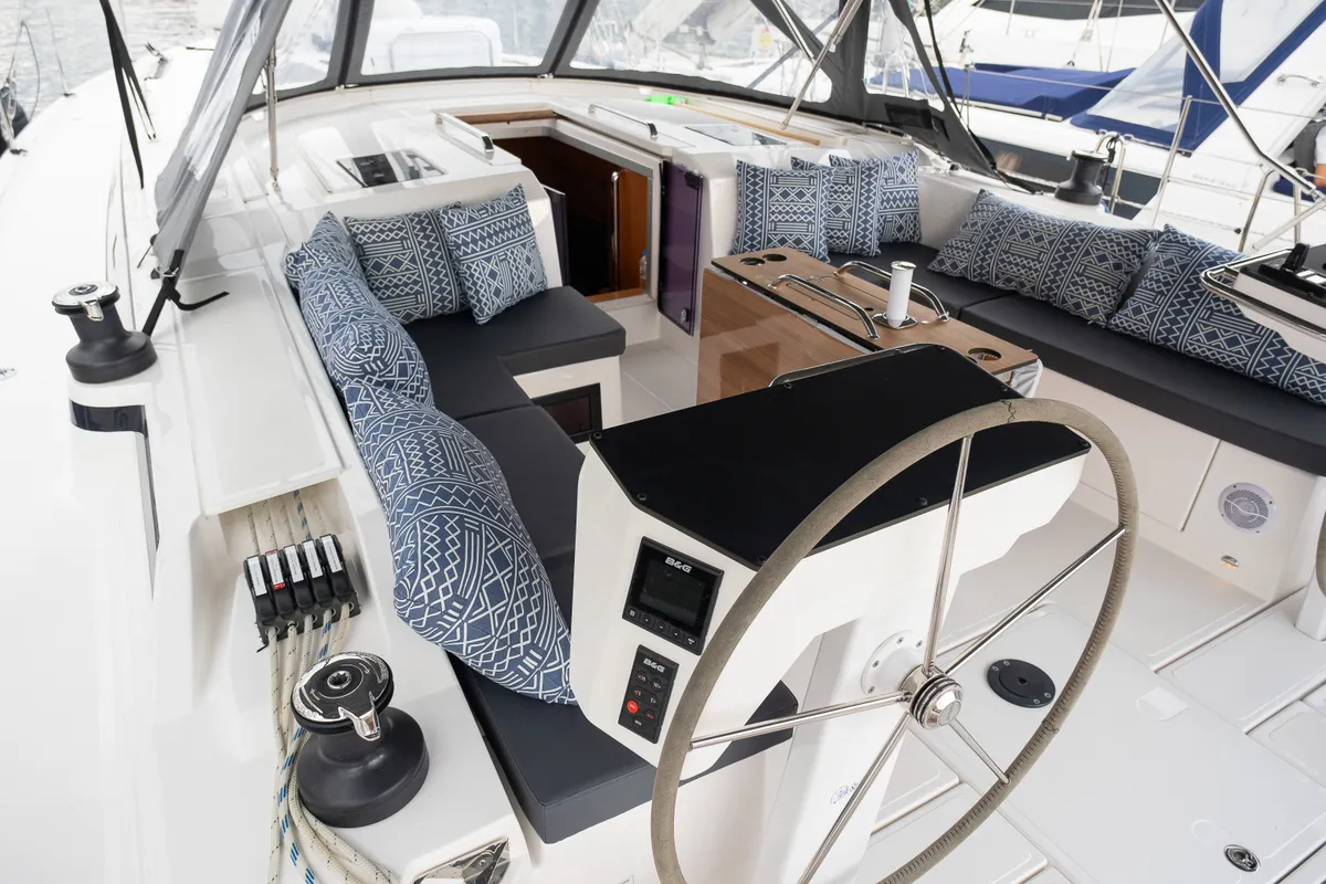 Cockpit of Arke, a Bavaria C46 sailboat at Fethiye, Turkey