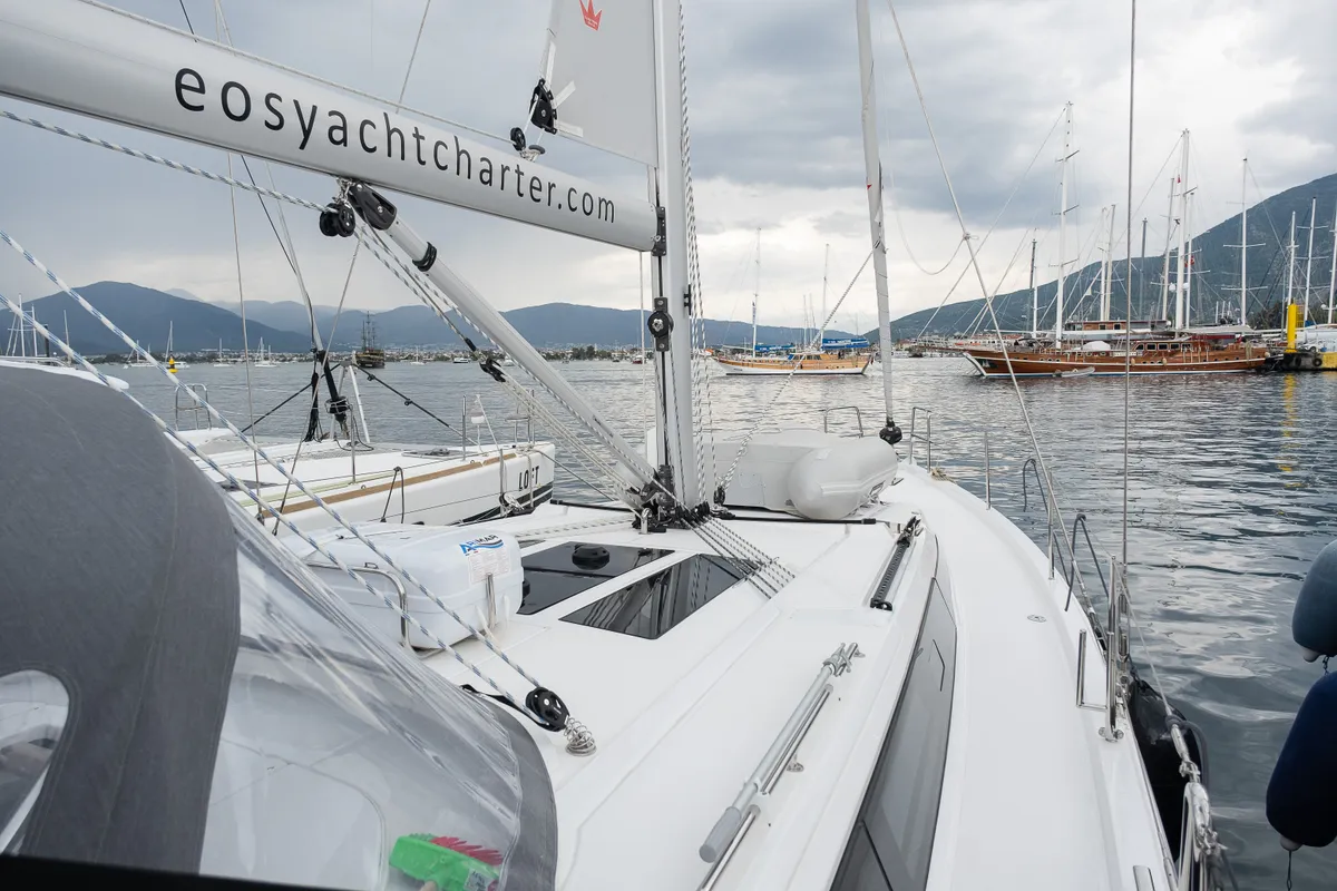 Deck of Arke, a Bavaria C46 sailboat at Fethiye, Turkey