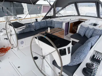 Cockpit of Arke, a Bavaria C46 sailboat at Fethiye, Turkey