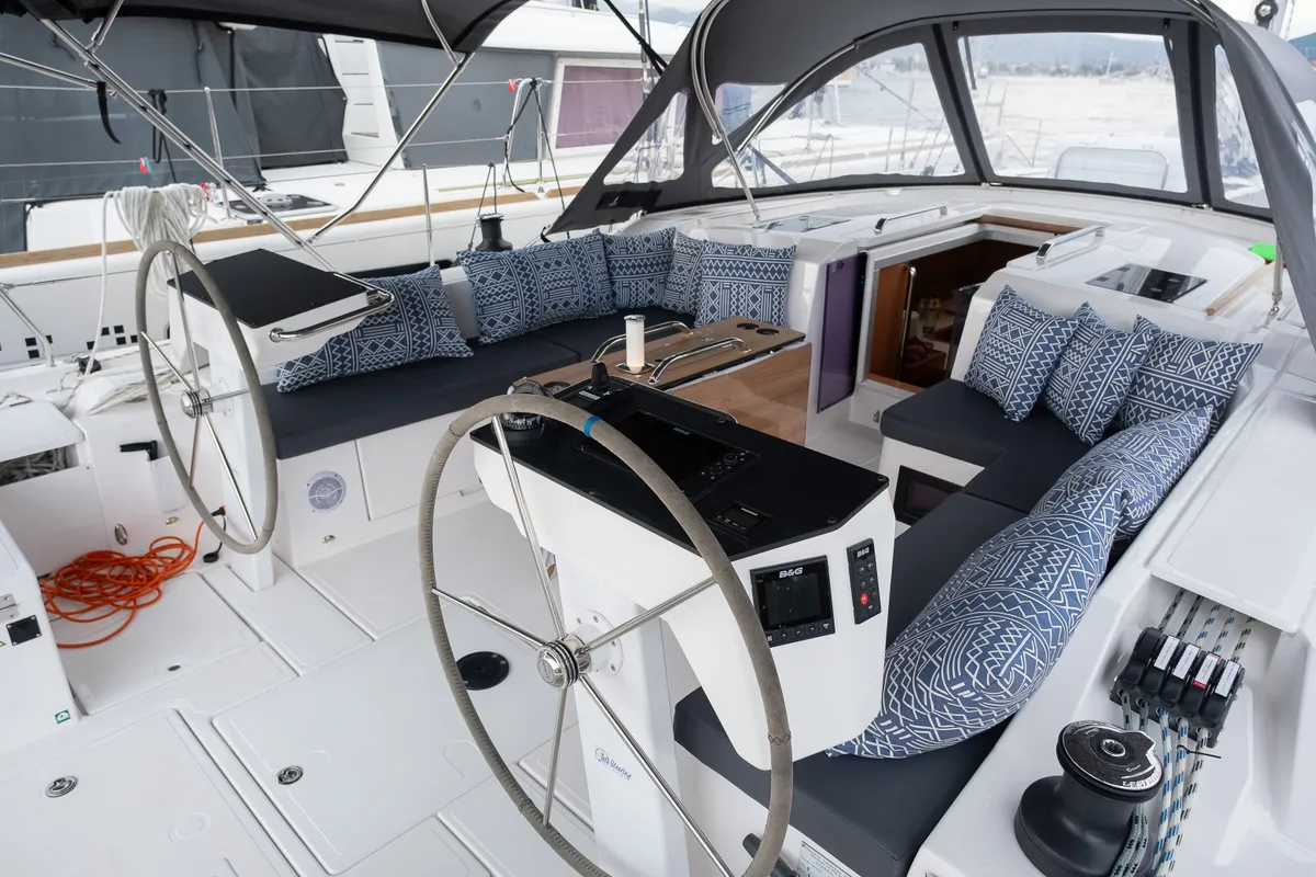 Cockpit of Arke, a Bavaria C46 sailboat at Fethiye, Turkey