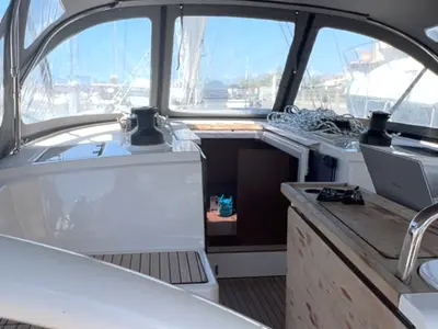 Cockpit of Supereva, a Bavaria C42 sailboat at Cecina, Italy