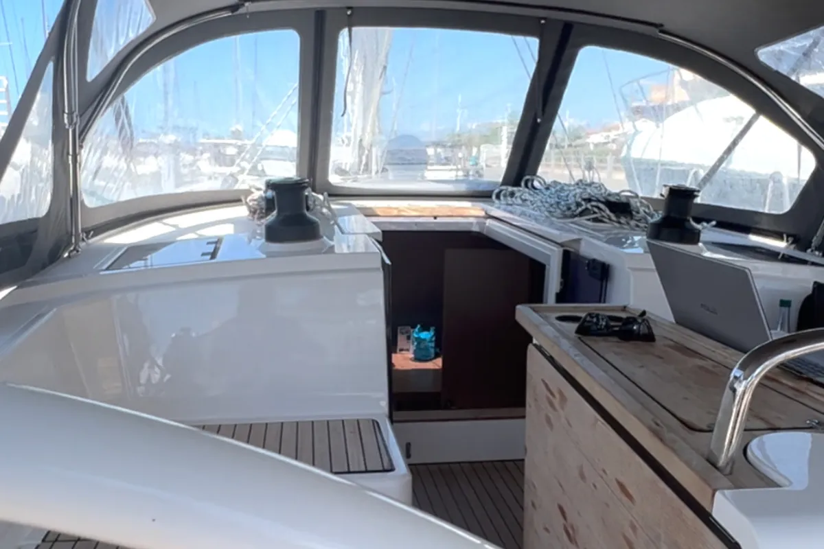 Cockpit of Supereva, a Bavaria C42 sailboat at Cecina, Italy