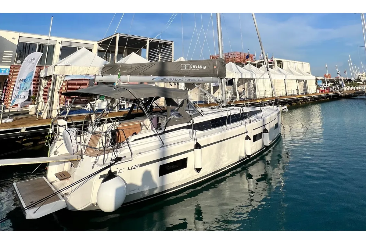 Exterior view of Supereva, a Bavaria C42 sailboat at Cecina, Italy