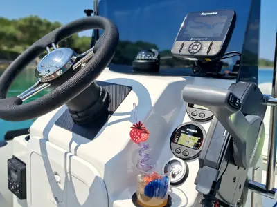 Cockpit of Niky, a Prestige Ranger 600 motorboat at Trogir, Croatia