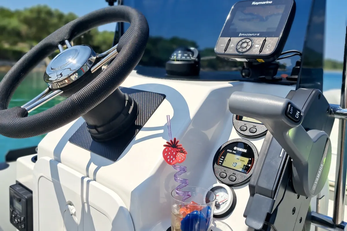Cockpit of Niky, a Prestige Ranger 600 motorboat at Trogir, Croatia