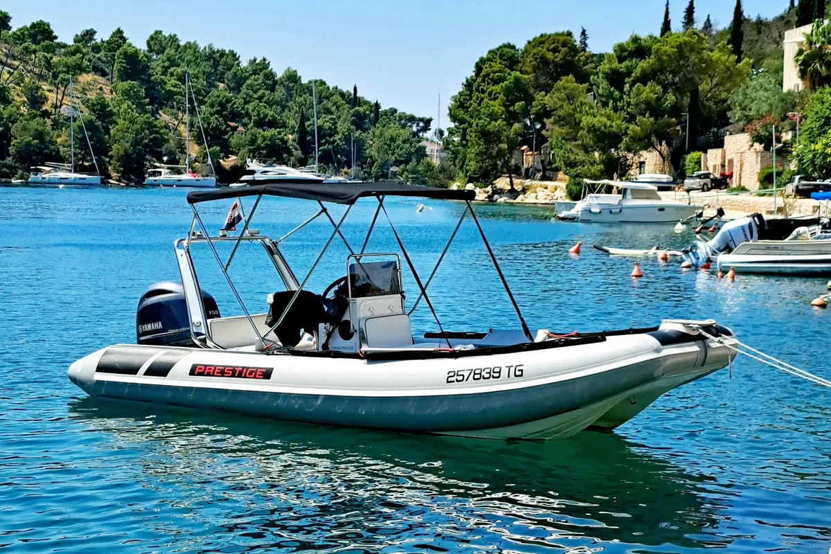 Exterior view of Niky, a Prestige Ranger 600 motorboat at Trogir, Croatia