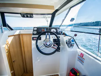 Cockpit of Balt 1018 Titanium, a motorboat at Wilkasy, Poland