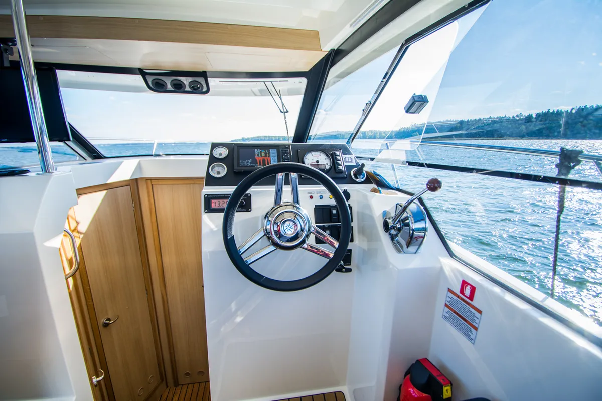 Cockpit of Balt 1018 Titanium, a motorboat at Wilkasy, Poland