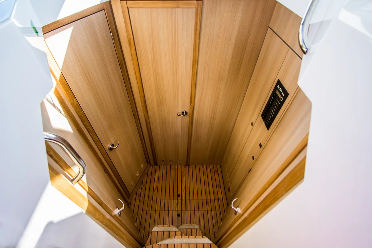 Cabin on Balt 1018 Titanium, a motorboat at Wilkasy, Poland