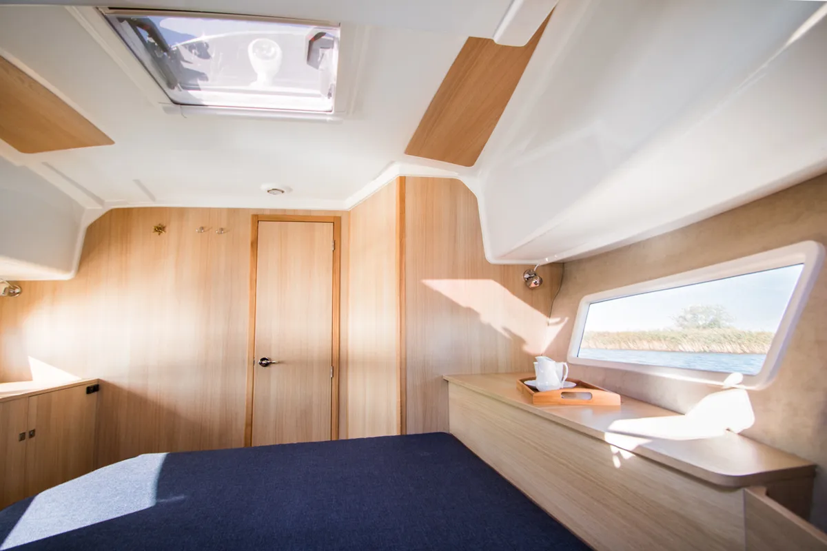 Cabin on Balt 1018 Titanium, a motorboat at Wilkasy, Poland