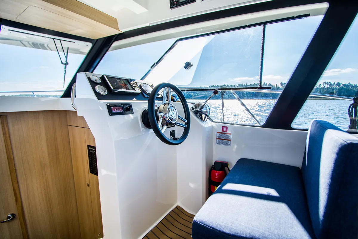 Cockpit of Balt 1018 Titanium, a motorboat at Wilkasy, Poland