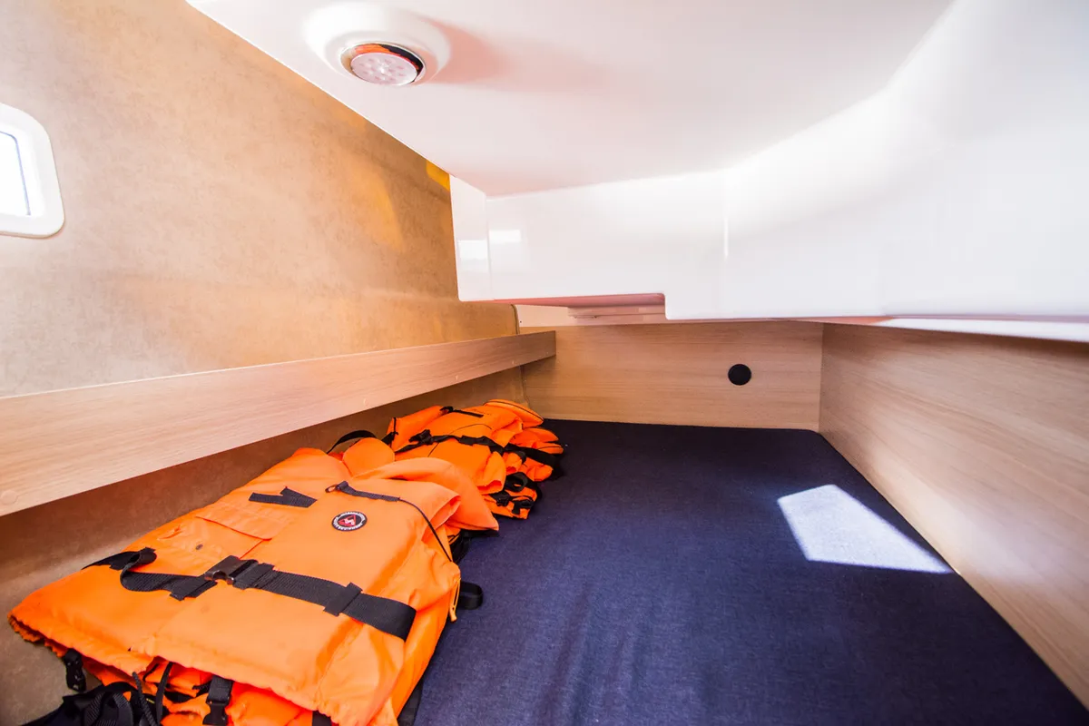 Cabin on Balt 1018 Titanium, a motorboat at Wilkasy, Poland