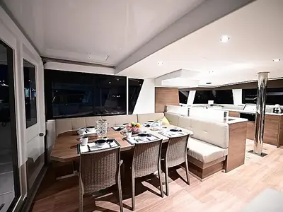 Salon of Tritone, a Bali 4.6 catamaran at Salerno, Italy