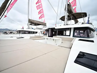 Deck of Tritone, a Bali 4.6 catamaran at Salerno, Italy