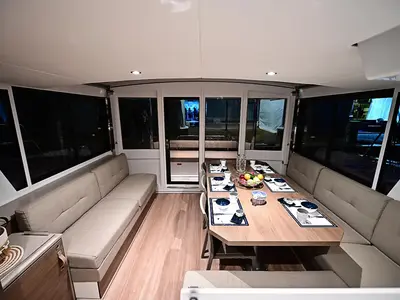 Salon of Tritone, a Bali 4.6 catamaran at Salerno, Italy