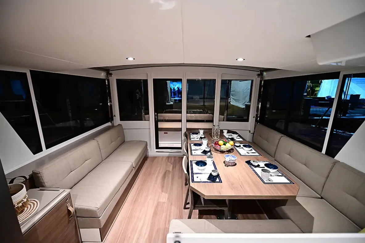 Salon of Tritone, a Bali 4.6 catamaran at Salerno, Italy