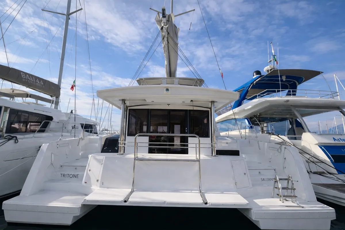 Exterior view of Tritone, a Bali 4.6 catamaran at Salerno, Italy