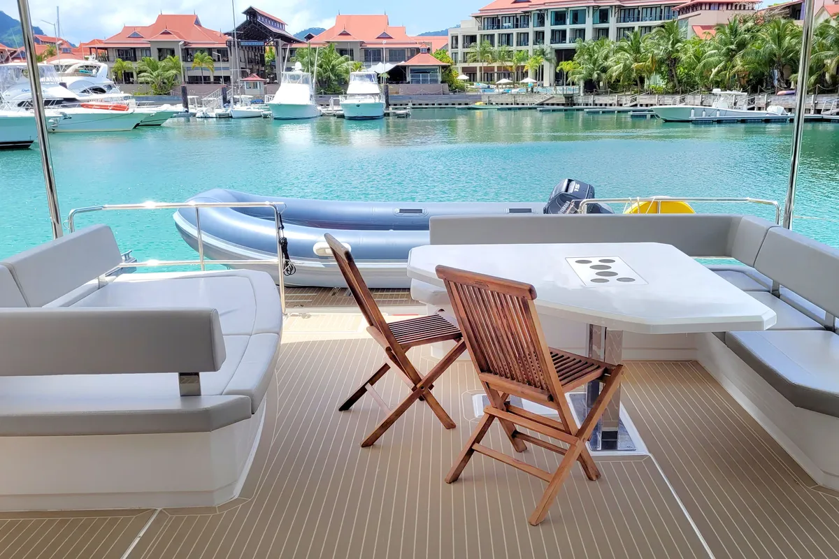 Deck of Akula, a Leopard 53 PC catamaran at Roche Caiman, Seychelles