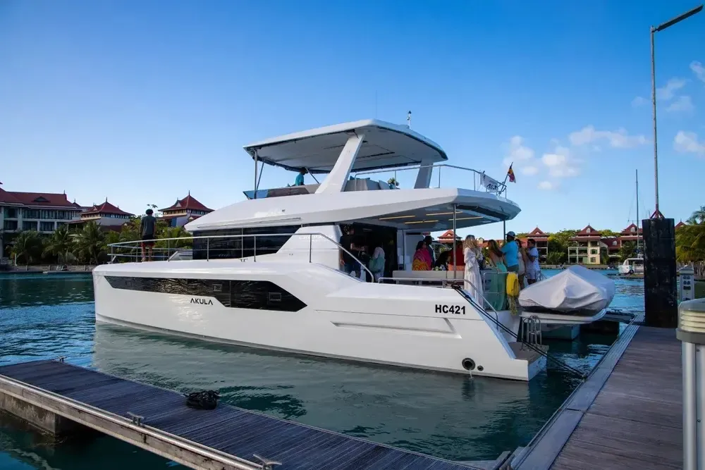 Exterior view of Akula, a Leopard 53 PC catamaran at Roche Caiman, Seychelles