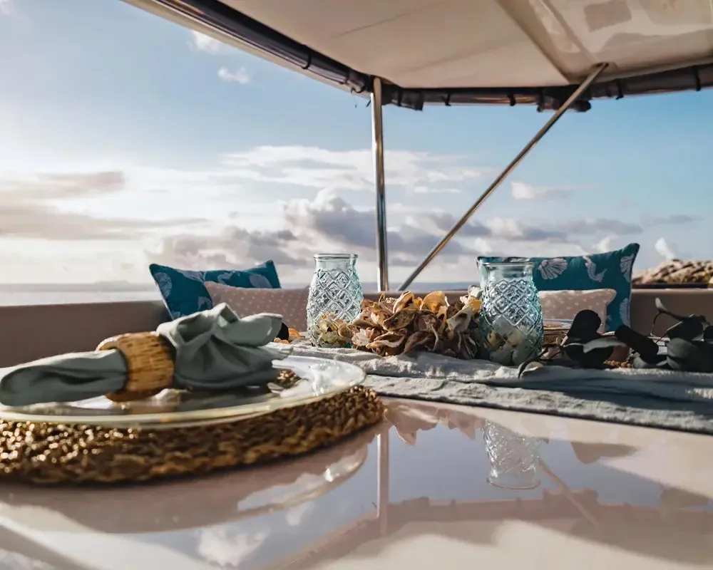 Deck of Akula, a Leopard 53 PC catamaran at Roche Caiman, Seychelles