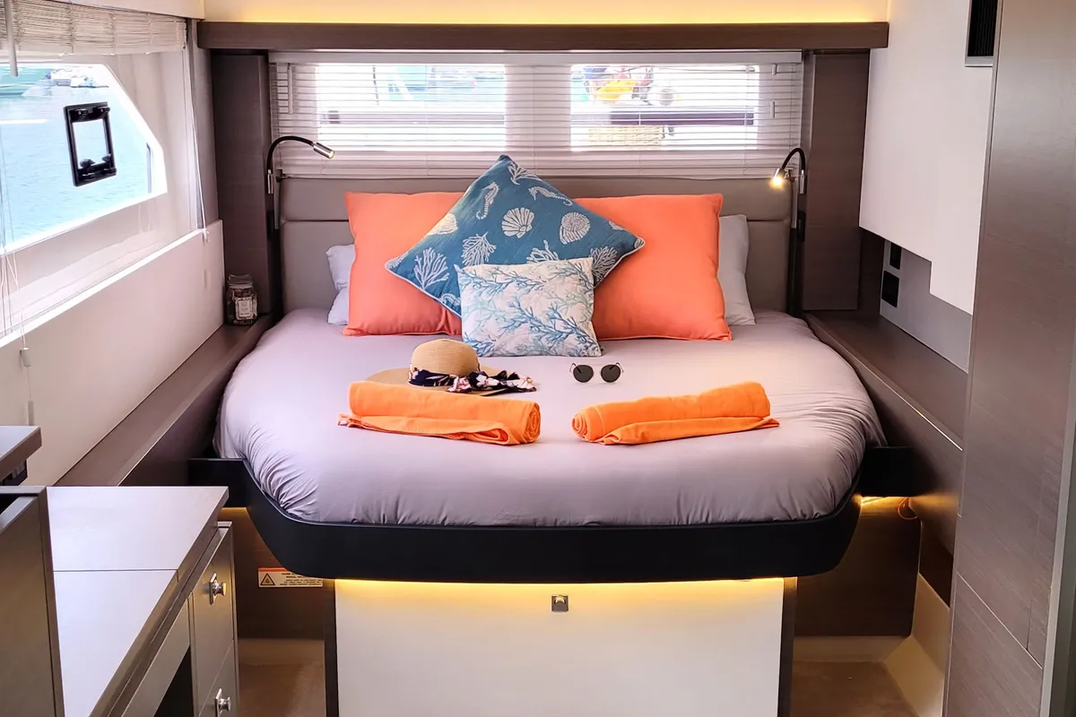 Cabin on Akula, a Leopard 53 PC catamaran at Roche Caiman, Seychelles