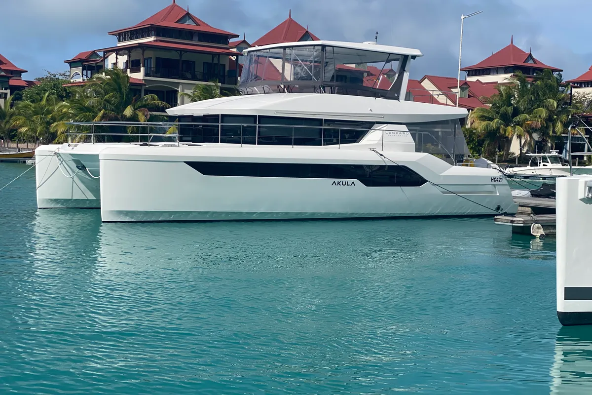 Exterior view of Akula, a Leopard 53 PC catamaran at Roche Caiman, Seychelles