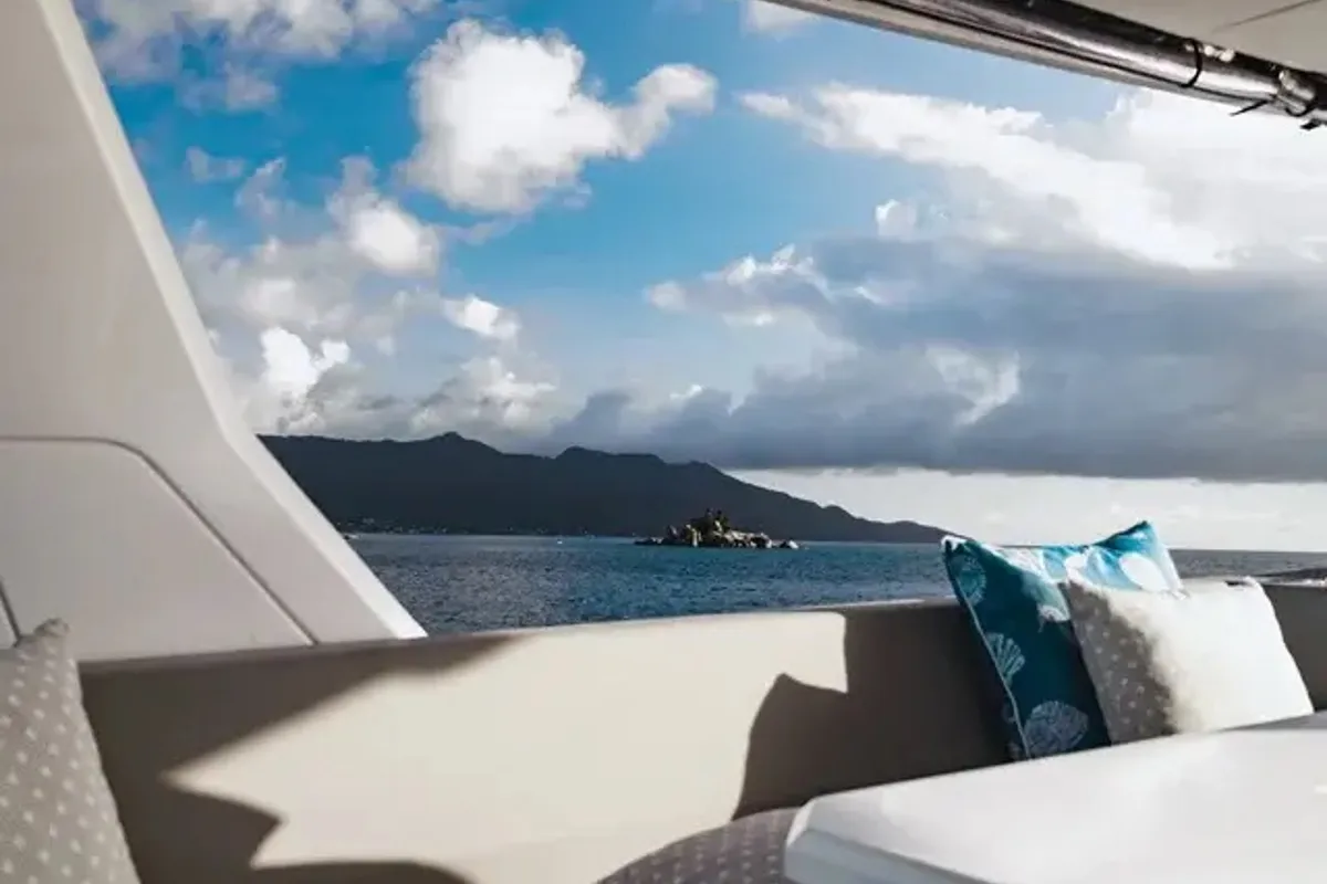 Deck of Akula, a Leopard 53 PC catamaran at Roche Caiman, Seychelles