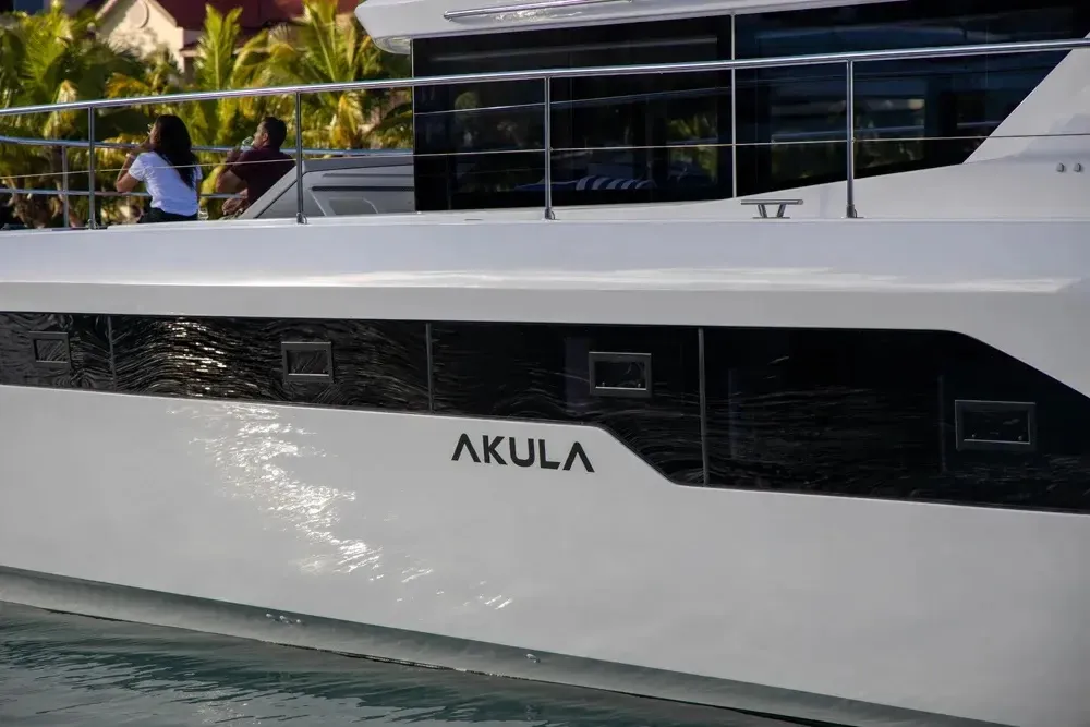 Exterior view of Akula, a Leopard 53 PC catamaran at Roche Caiman, Seychelles