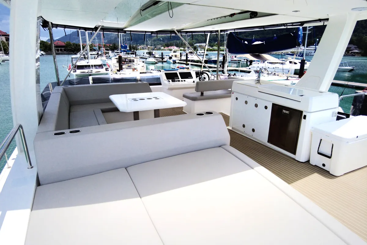 Deck of Akula, a Leopard 53 PC catamaran at Roche Caiman, Seychelles