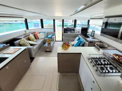 Salon of Akula, a Leopard 53 PC catamaran at Roche Caiman, Seychelles