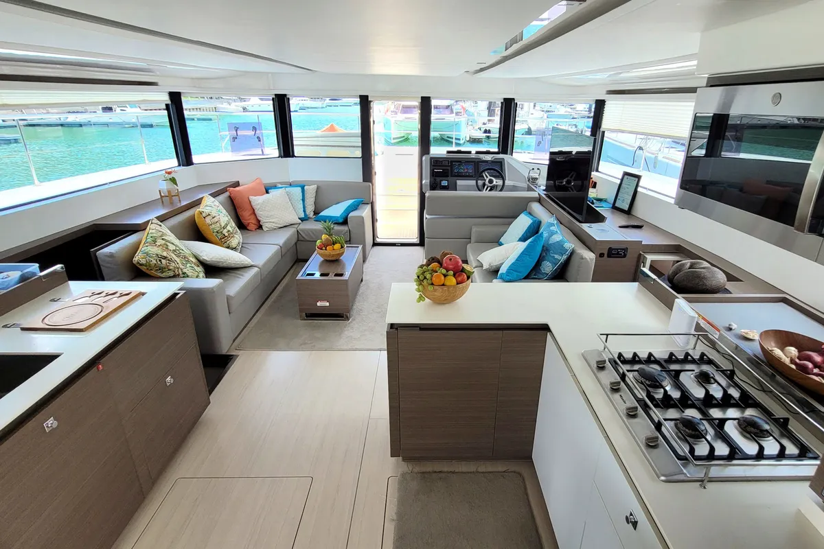 Salon of Akula, a Leopard 53 PC catamaran at Roche Caiman, Seychelles