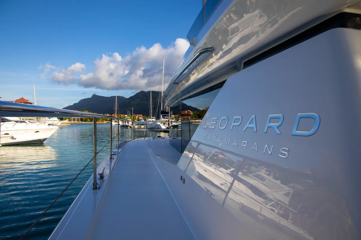 Exterior view of Akula, a Leopard 53 PC catamaran at Roche Caiman, Seychelles