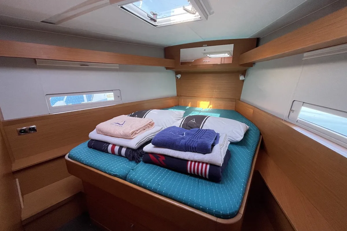 Cabin on Sweet, a Dufour 430 GL sailboat at Fethiye, Turkey