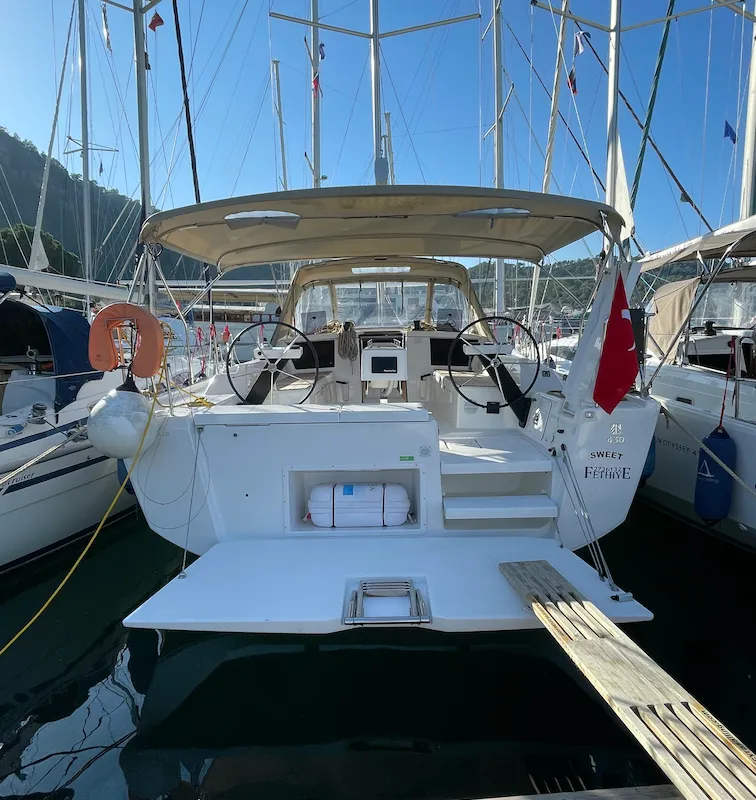 Exterior view of Sweet, a Dufour 430 GL sailboat at Fethiye, Turkey