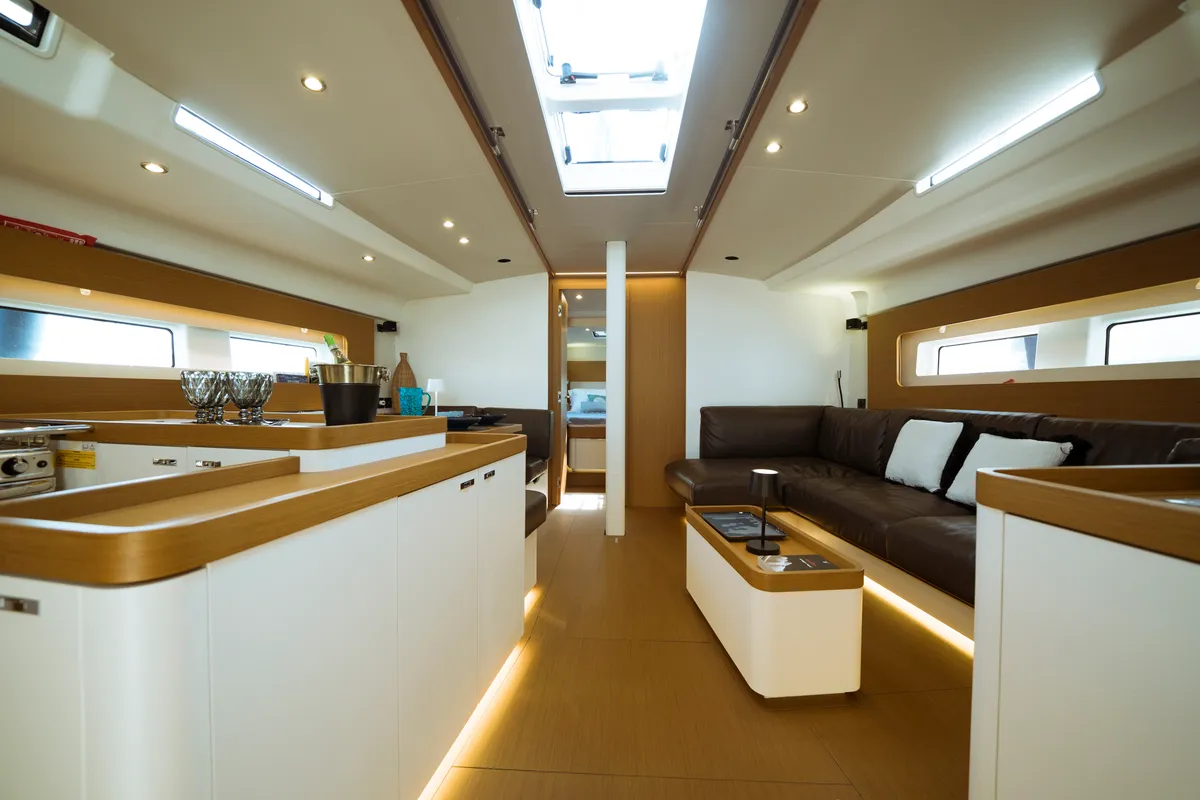 Salon of Ottima - Premium Crewed line, a Beneteau First 53 sailboat at Olbia, Italy