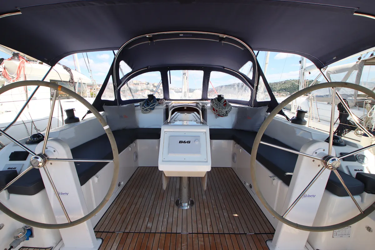 Cockpit of Coco, a Bavaria C42 sailboat at Općina Rogoznica, Croatia