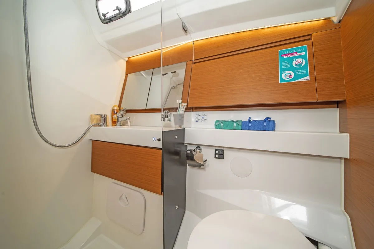 Head on Aella, a Jeanneau Sun Odyssey 410 sailboat at Skiathos, Greece