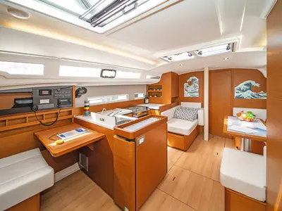 Salon of Aella, a Jeanneau Sun Odyssey 410 sailboat at Skiathos, Greece