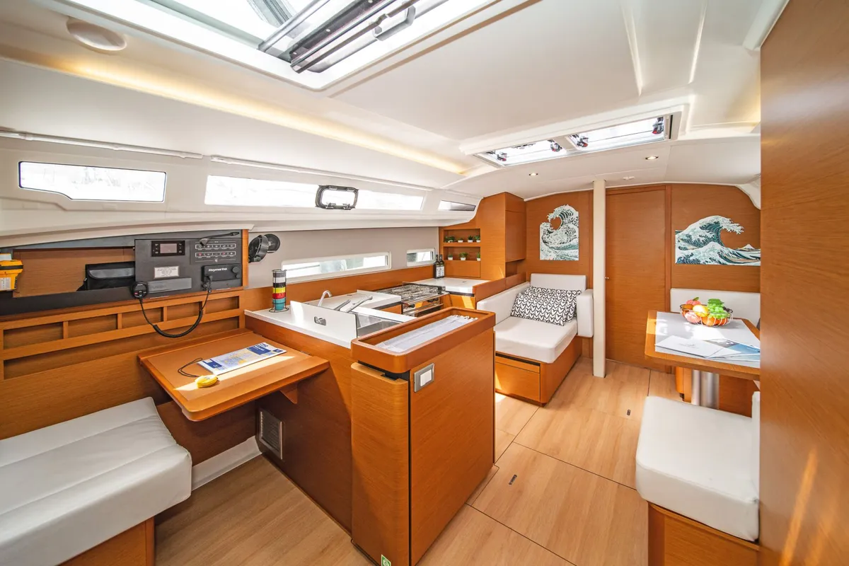 Salon of Aella, a Jeanneau Sun Odyssey 410 sailboat at Skiathos, Greece