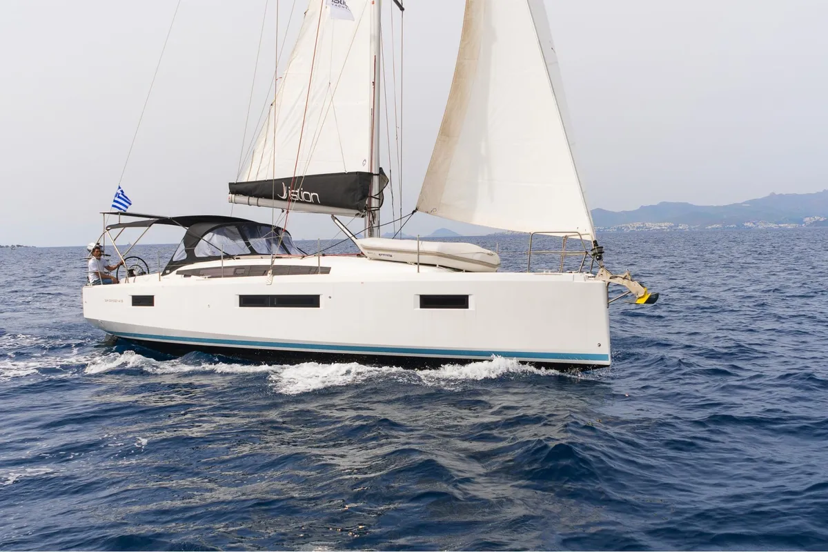 Exterior view of Aella, a Jeanneau Sun Odyssey 410 sailboat at Skiathos, Greece