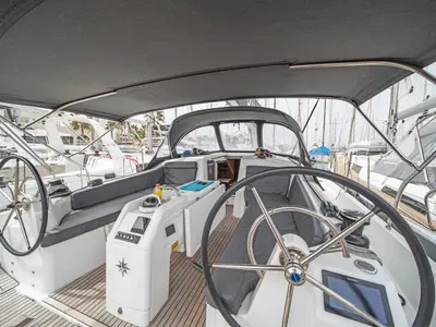 Cockpit of Aella, a Jeanneau Sun Odyssey 410 sailboat at Skiathos, Greece
