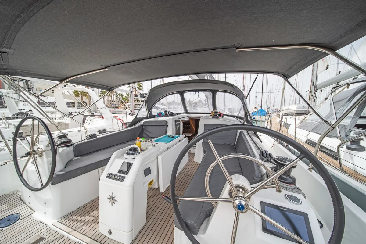 Cockpit of Aella, a Jeanneau Sun Odyssey 410 sailboat at Skiathos, Greece