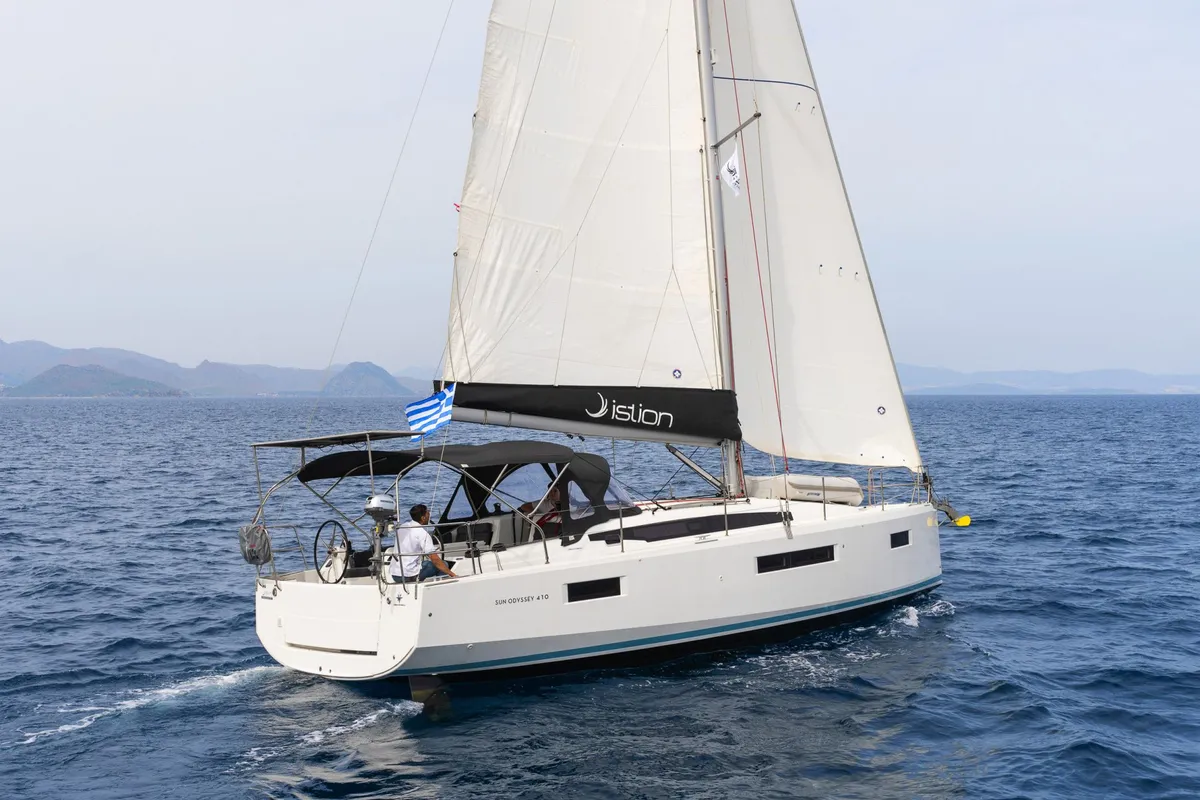 Exterior view of Aella, a Jeanneau Sun Odyssey 410 sailboat at Skiathos, Greece
