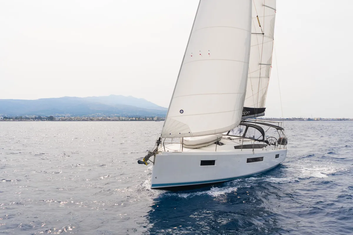 Exterior view of Aella, a Jeanneau Sun Odyssey 410 sailboat at Skiathos, Greece