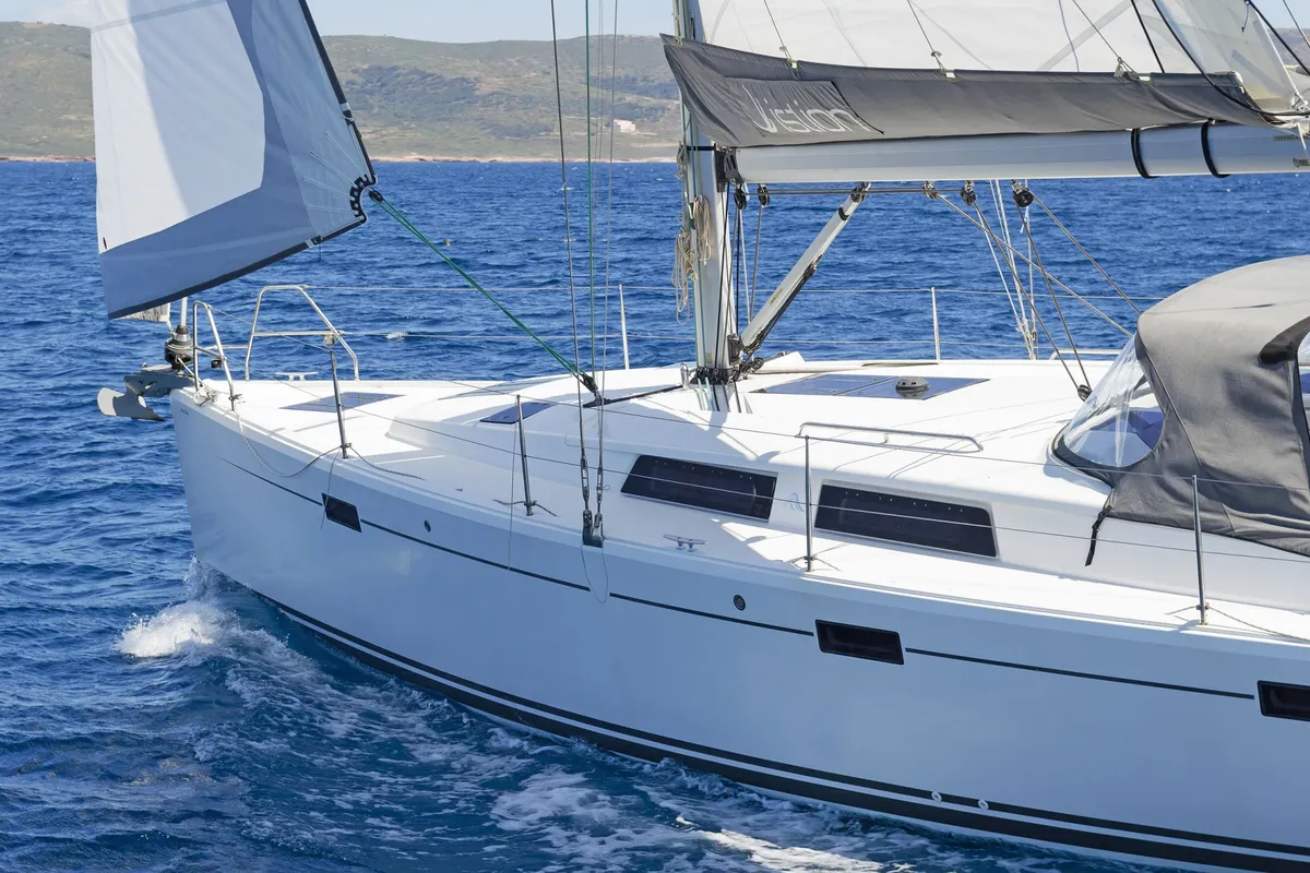Exterior view of Deep Blue, a Hanse 415 sailboat at Lavreotiki Municipal Unit, Greece