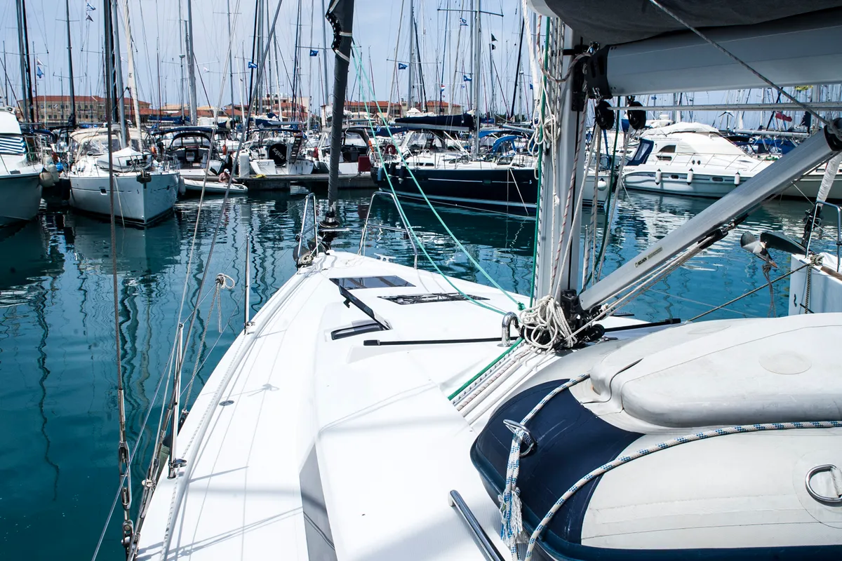 Deck of Deep Blue, a Hanse 415 sailboat at Lavreotiki Municipal Unit, Greece