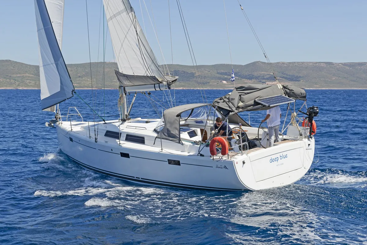 Exterior view of Deep Blue, a Hanse 415 sailboat at Lavreotiki Municipal Unit, Greece
